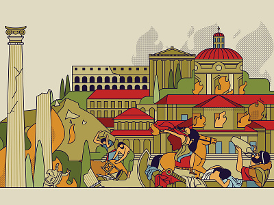 Ancient Rome buildings character coliseum dotscreen drawing editorial fire flames flat graphic horse illustration linework retro romans rome ruins statues vector vector textures