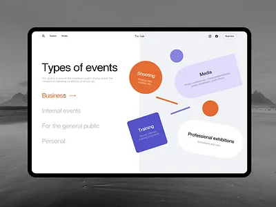 Booking Website: Event Choice animation booking design design studio events graphic design interaction interface motion design motion graphics shapes travel ui user experience ux web web animation web design website website design
