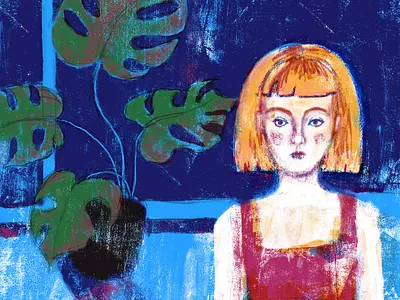 Girl with Monstera character design illustration raster textures