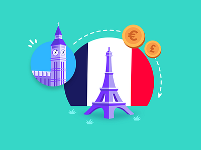 UK to France 🇬🇧💸🇫🇷 2d blog post country design fintech flag flat design france hanateh illustration london money transfer paris paysend simple uk vector