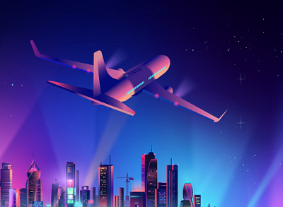 Plane over city contemporary design illustration illustrator neon pabloladosa synthwave vector vectorart