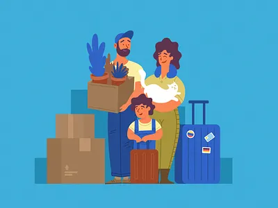 Relocation Services bags box carryon cat character child country family family portrait father flat illustration luggage mother moving new house pet plants travel trip