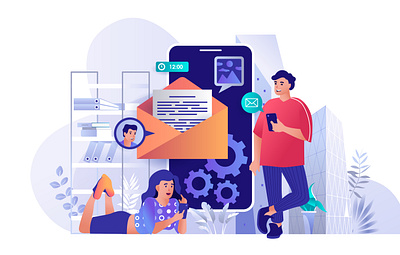 Mobile Email Service Flat Illustration app cartoon character concept design email flat gradient homepage illustration landing mobile page people scene service site vector web website