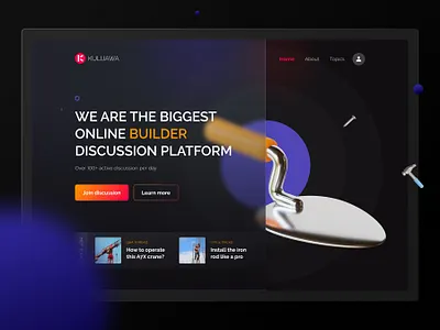 KULIJAWA: An online builder discussion platform (hero section) black blue builder building clean colorful dark dark ui glass glass effect hero section landing page modern orange red simple simple clean interface ui ux web