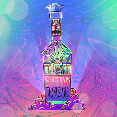 Sultan's Treasure alcohol bottle colorful design illustration label liquor magic mystical package procreate sultan