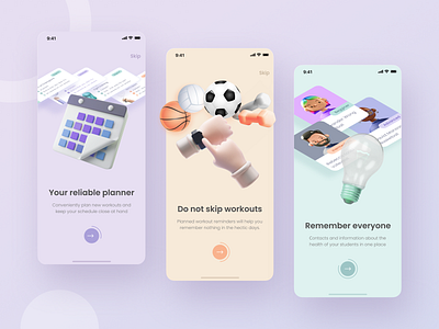 Onboarding process in scheduler app for coaches 3d hands 3d illustration app onboarding onboarding ui purple gradient sport app ui