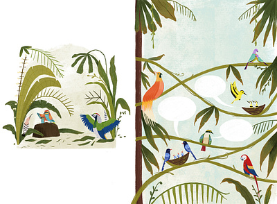 Book spread for “The Rainbow Coat” background bird illustraion usborne