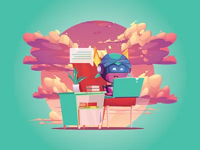 Work From Home 2d character design flat illustration people robot stay home team work vector with work from home workspace workspaces