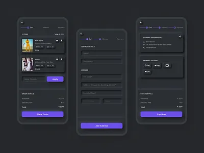 Check Process for a e-commerce apparel iOS app, Neumorphism address black cart checkout checkout process e commerce ecommerce ecommerce app fashion app neumorphic neumorphism neumorphism ui payment purple