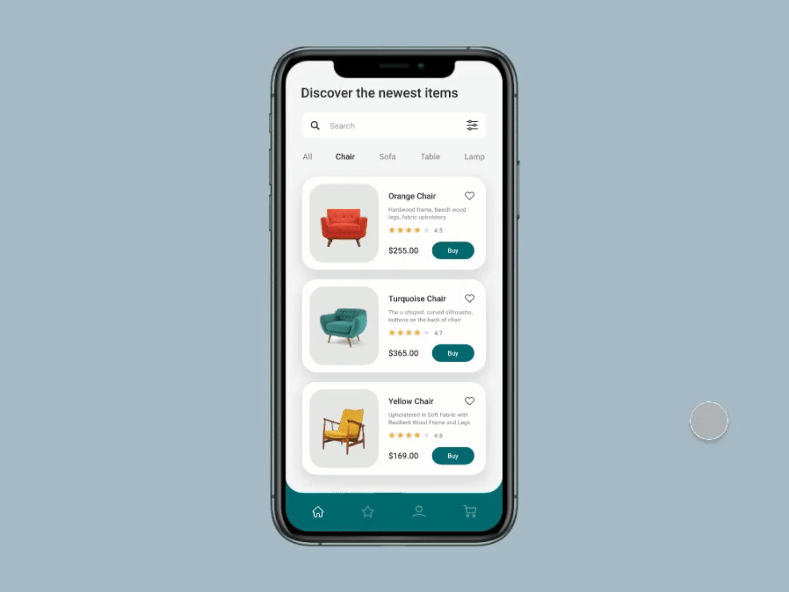 Furniture Store App UI/UX Design chair concept design furniture app mobile app shopping app turquoise ui user experience user inteface ux
