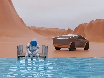 Lonely martian 3d art astronaut blender clean illustration lonely mars minimal planet red sketch tesla truck