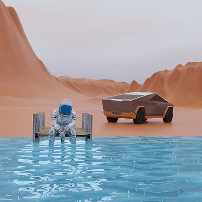 Lonely martian 3d art astronaut blender clean illustration lonely mars minimal planet red sketch tesla truck