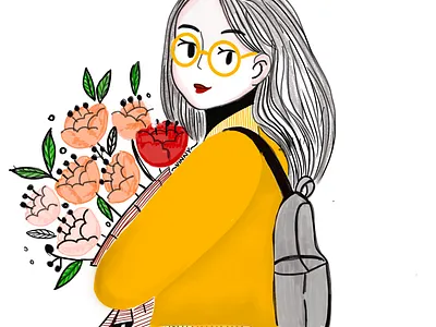 Happiness energy flowers girl illustration ipadpro passion simple sketching space vector