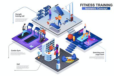 Fitness Gym Interior 3D Isometric Concept 3d animation 3d art 3d character 3d illustration agency app concept conceptual flat illustration isometric isometric design landing landing page page process strategy technology vector web