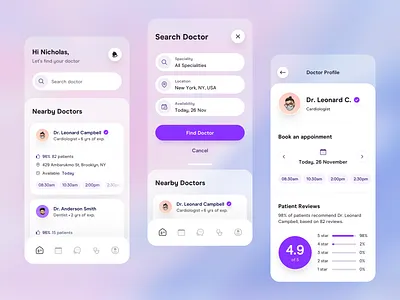 Find Doctor appointment booking appointments booking card chart clean dashboard doctor finder doctor profile find doctor ios app design map minimal navigation online consultation app patient app ratings review search doctor ui design
