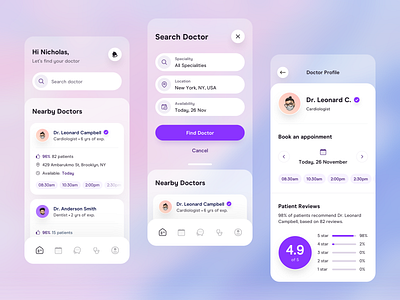 Find Doctor appointment booking appointments booking card chart clean dashboard doctor finder doctor profile find doctor ios app design map minimal navigation online consultation app patient app ratings review search doctor ui design