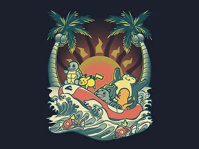 Kanto Summer halftone illustration island pokemon pop culture poster summer tshirt video games