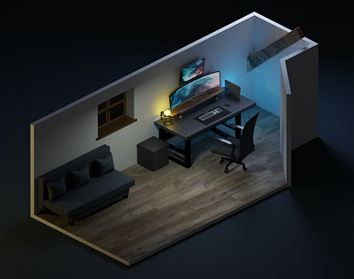 My Office 3d blue color home light low poly lowpoly monitor office room