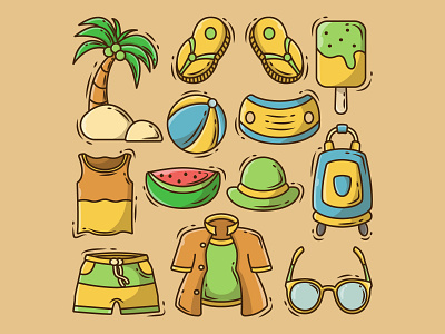 Summer elements cartoon doodle part 7 banner beach bundle cartoon collection doodle elements equipment group hand drawn illustration items ocean sea set simple summer summer banner tools vector