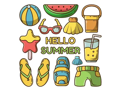 Summer elements cartoon doodle part 5 beach bundle cartoon collection doodle elements equipment group hand drawn holiday illustration items ocean season set simple spring summer tools vector
