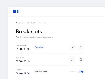 Break slots for daily open hours breadcrumb break list break slot break time dark dashboard dark mode dark ui dashboard dark dashboard list dashboard navigation edit list list ui list view minimal dashboard nagivation open hour opening hour siesta time slot time ui