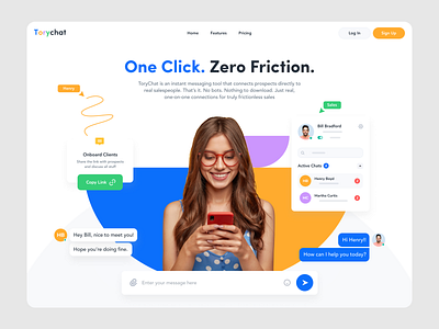 Chat App Landing Page branding chat chat app clean colors communication graphics landing minimal website concept website design