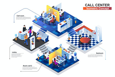 Call Center Interior 3D Isometric Concept 3d animation 3d art 3d character 3d illustration agency app concept conceptual flat illustration isometric isometric design landing landing page page process strategy technology vector web