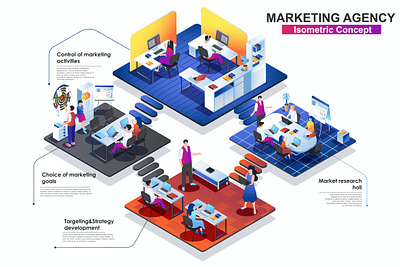 Marketing Agency Interior 3D Isometric Concept 3d animation 3d art 3d character 3d illustration agency app concept conceptual flat illustration isometric isometric design landing landing page page process strategy technology vector web