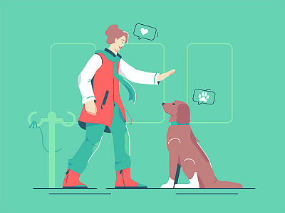 Mistress with a dog animal behavior command connection dog domestic female flat fluffy gesture illustration love mistress owner pet puppy style train vector woman