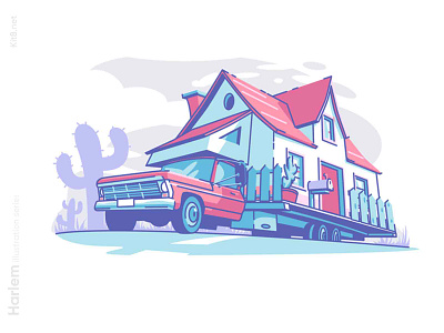 Mobile home building illustration building car classic flat home illustration kit8 line lineart nature road travel vector