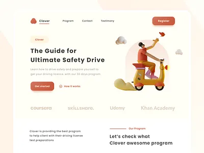 Driving lesson landing page 3d bike brown calm car character clean course educations illustration landing page landingpage landingpagedesign learning modern soft ui uiux webdesign website