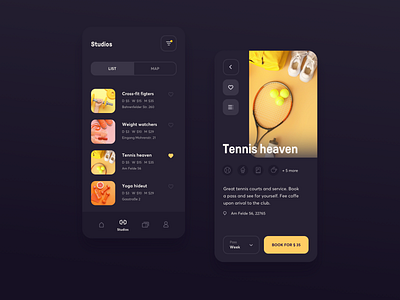 Gym booking - concept design booking concept design dark dark mode details page favorites flat design gym app icon design light mode listing menu mobile app pastel sport tennis