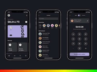 Spark - Mobile Wallet App app design credit card credit score dark ui figma finance app fintech app ios app ios app design mobile app mobile app design mobile ui mobile wallet money transfer payment app typography ui ui design ux ux design