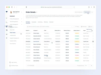 Dashboard / Order Details Page customer dashboard dashboard design dashboard ui detail page details ecommerce export filter layout list order order management orders pages search side menu status ui ux