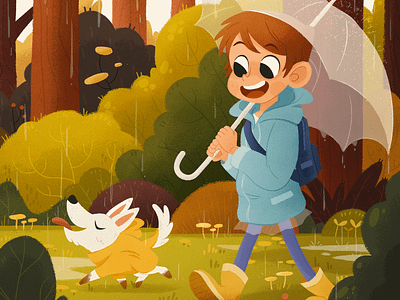 Rainy Day character design childrens illustration color cute dog forest illustration kid nature photoshop plants rainy texture umbrella walk