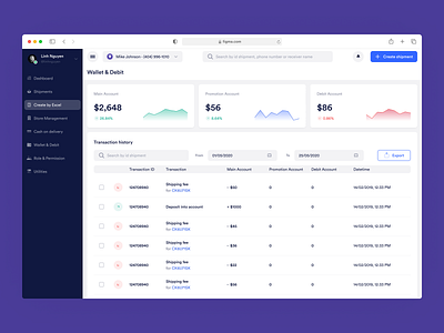 Delivery Service - Wallet & Debit dashboad delivery logistic product shipment shipping table transaction ui ux web