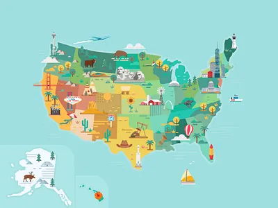 Map of the United States 66 route alaska america building city colorful flat landmark new york skyline states travel us usa vector