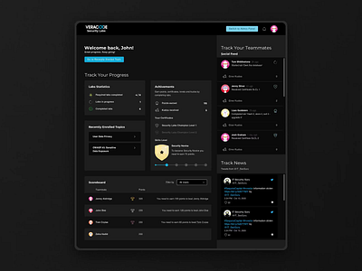 VERACODE - hands-on training platform for Secure Coding Gurus achivements dark mode dashboard ui learning platform scoreboard skills levels social feed