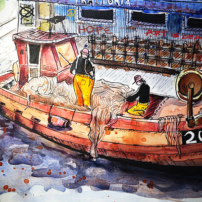 Fishing Boat ink paper sketch traditional art watercolor painting watercolour