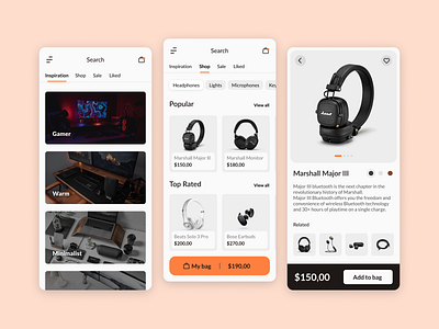 Tech E-commerce app bag cart computer design headphones marketplace minimal mobile my bag setup shop shopping store tech technology ui ux