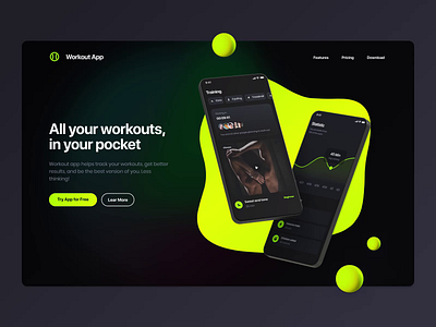 Workout App animation animation 2d apple bubbles concept dark mode dark theme gradient landign page minimal mobile mock up ui ui ux ux web website workout