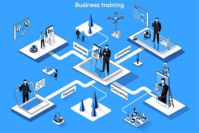 Business Training 3D Isometric Web Banner 3d animation 3d art 3d character 3d illustration agency app business concept conceptual development flat illustration landing landing page page process technology vector web website