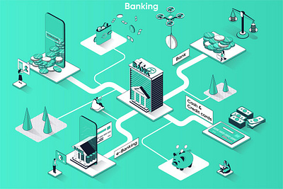 Banking Services 3D Isometric Web Banner 3d animation 3d art 3d character 3d illustration agency app business concept conceptual development flat illustration landing landing page page process technology vector web website