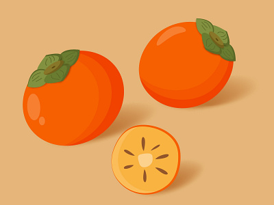 Pair of two whole persimmons and half persimmon chuseok design flat fruit half hole icon illustration illustrator isolated leaves minimal persimmon sweet tree vector