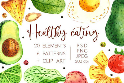 Aquarel hand drawn digital Healthy eating pack clipart food fruit illustrations vegies