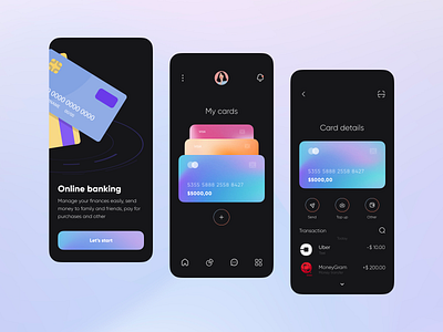 Online banking app app banking clean dark mode design gradient mobile online ui ux