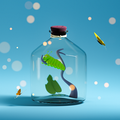 Caterpillar in a jar b3d blendermodel butterfly cartoon caterpillar colours eyes flares jar leafs magic minimal modeling perspective tree worms