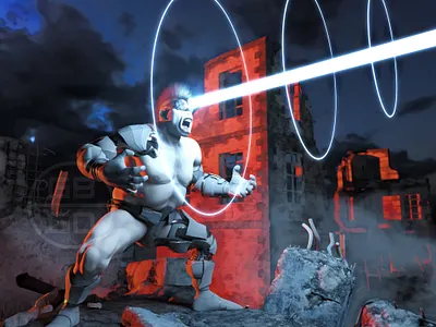 Polyphemus character characterdesign colorful contrast cyborg cyclop demigod fog future futuristic illustration mecha mythology postapocalyptic rubbles ruins sciencefiction scifi smoke