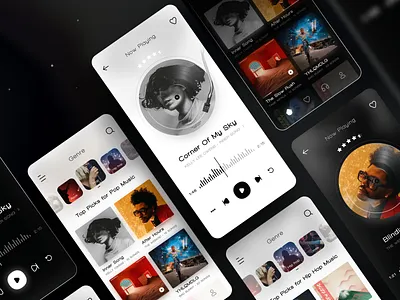 Music Player - App Design app design artist dark dark mode dark ui design figma mobile app mobile app design mobile ui music music app music player music player app player player ui playlist song ui ux