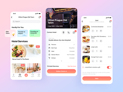 Hotels Mobile App application cards checking concept concept art flat flat design hotels ios iphone x journey mobile orange pink traveling uikit whitespace